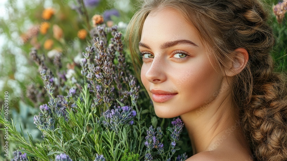 Serene young woman surrounded by vibrant flowers in a natural setting Serene young woman surrounded by vibrant flowers in a natural setting