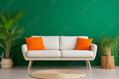 Modern sofa arrangement with warm cushions and greenery in a stylish living r...