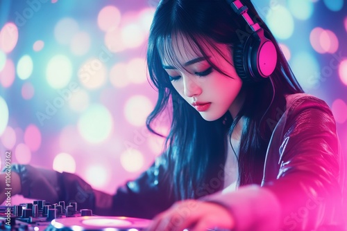 Young female DJ performing in vibrant club atmosphere with colorful lights