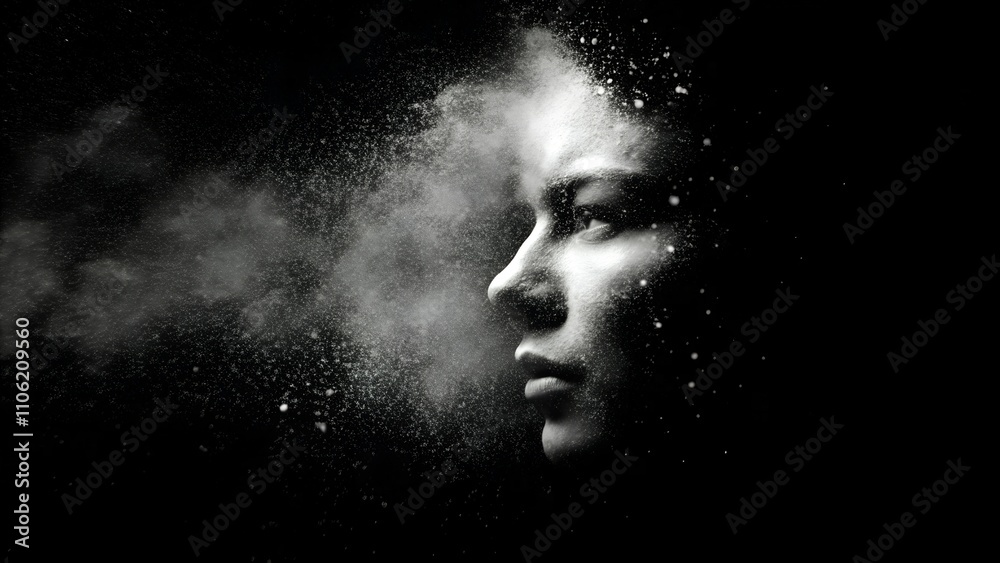 A surreal image of a human face dissolving into particles, blending with the dark background to create an ethereal, mysterious, and artistic effect A surreal image of a human face dissolving into particles, blending with the dark background to create an ethereal, mysterious, and artistic effect