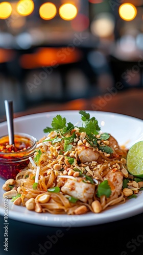 Pad Thai with chicken garnished with peanuts and lime at a restaurant outdoor...