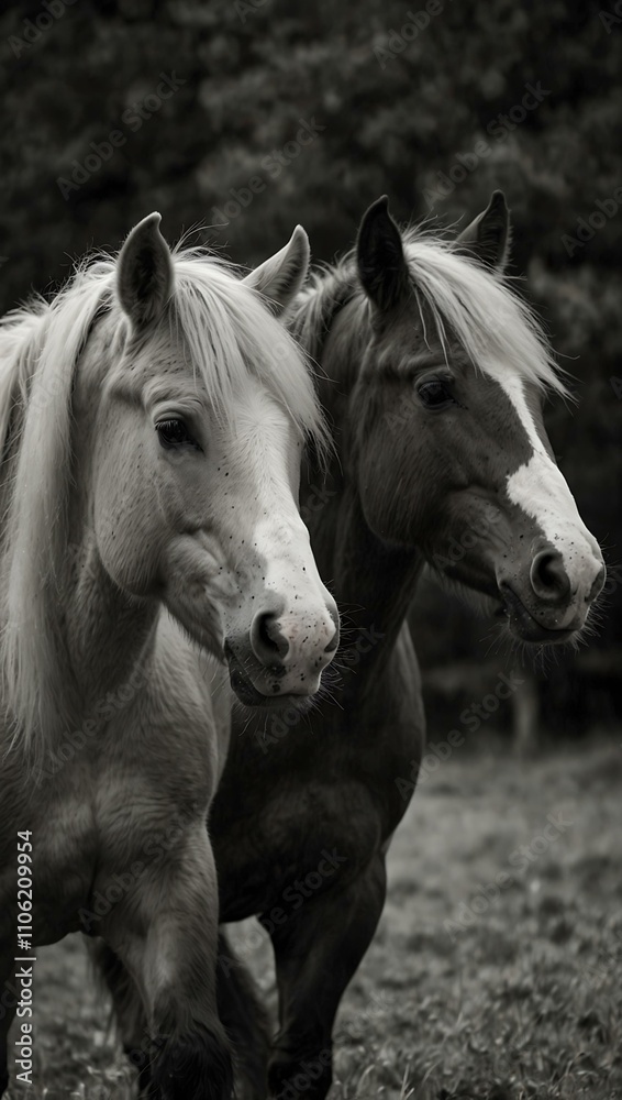 Obraz premium Haflinger horses in black and white.