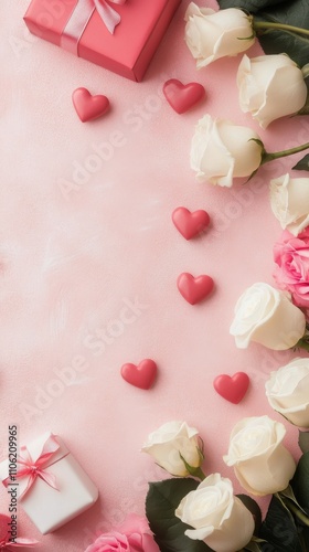 Charming arrangement of roses and hearts for a romantic occasion on a soft ba...