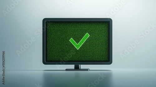 Green Check Mark Displayed on Modern Computer Monitor Screen in Minimalist Design Concept, Symbolizing Success, Completion, and Positive Outcomes in Technology and Business