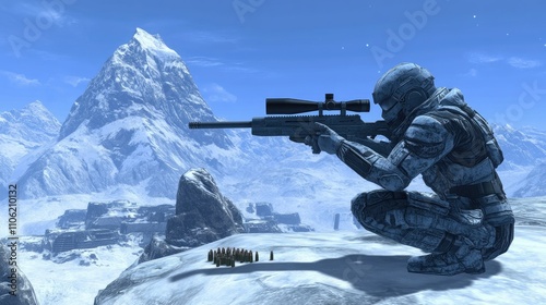 Soldier aiming sniper rifle in a snowy mountain landscape