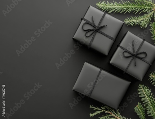 Elegant black wrapped gifts adorned with ribbons and pine branches for a fest...