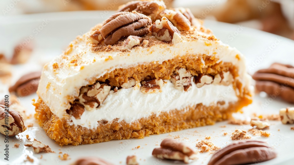 Close up of a pumpkin roll slice, with cream cheese filling and pecan garnish, styled on a clean white surface Close up of a pumpkin roll slice, with cream cheese filling and pecan garnish, styled on a clean white surface