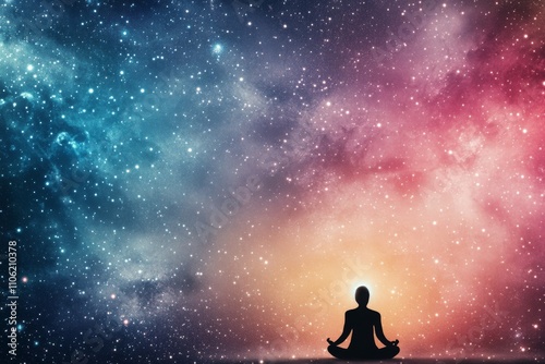 Meditating person surrounded by cosmic elements and chakra alignment in a tra...