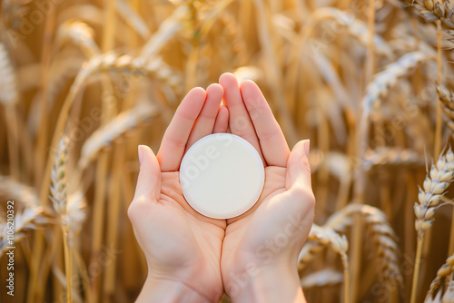 A pair of hands holding a wafer in front of wheat. photo