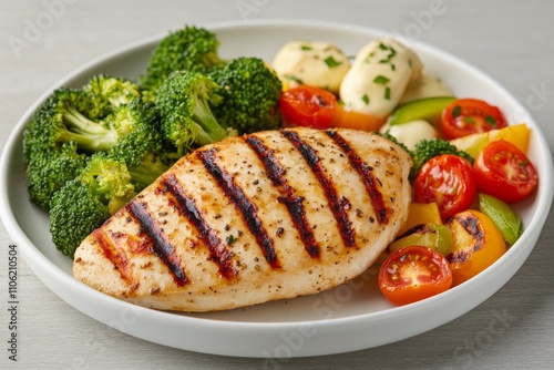 Grilled chicken breast served with colorful vegetables and fresh broccoli on ...