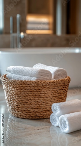 Soft white towels neatly arranged in a woven basket beside a luxurious bathtub