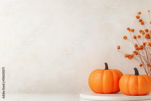 Decorative autumn pumpkins and dried flowers create warm atmosphere in a cozy...