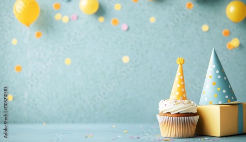 Colorful party decorations with cupcakes and confetti on display for a cheerf...