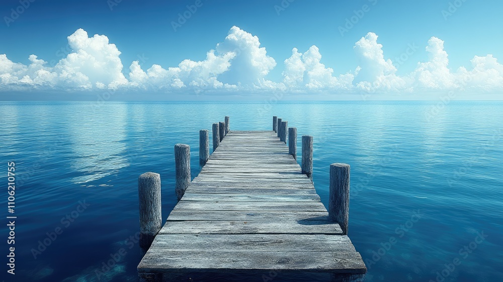 Serene wooden pier extending into calm blue water under a clear sky