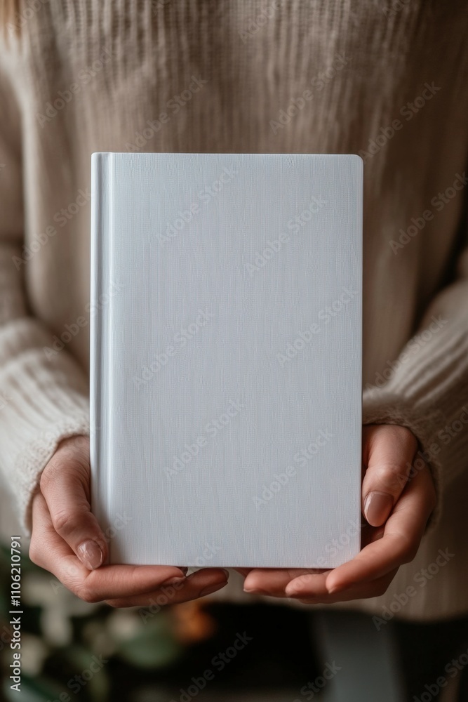 Holding a blank notebook with textured cover indoors Holding a blank notebook with textured cover indoors