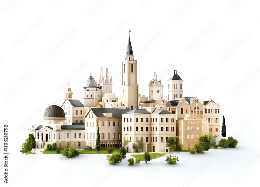 Fototapeta premium A stunning miniature model of a historic city skyline showcasing intricate architectural details, including towers, domes, and charming buildings set in a lush green landscape.