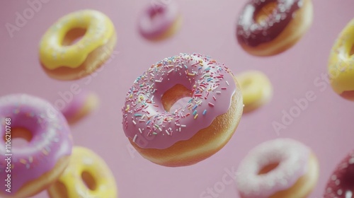Colorful donuts floating against a pink background create a joyful and vibran...
