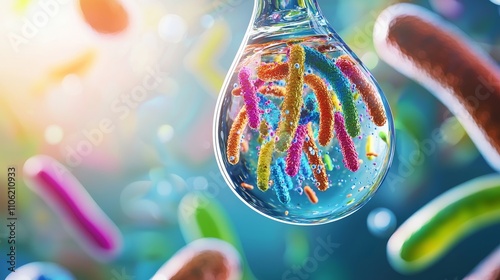 Response health warning concept. Colorful bacteria suspended in a water droplet, illuminated by soft light.