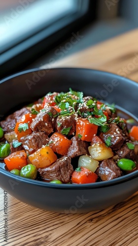 Delicious beef stew with vegetables served in a black bowl at a cozy kitchen ...