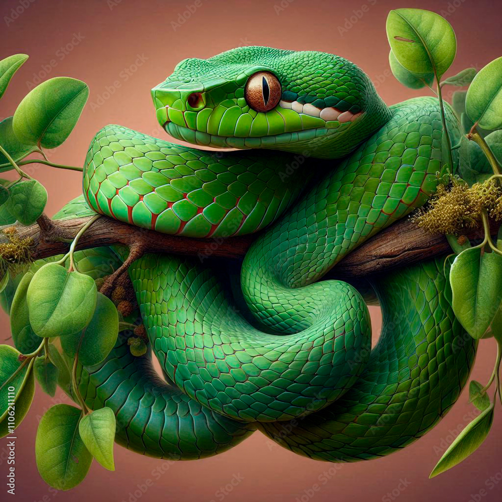 Fototapeta premium Green tree snake on a tree branch on a brown background.