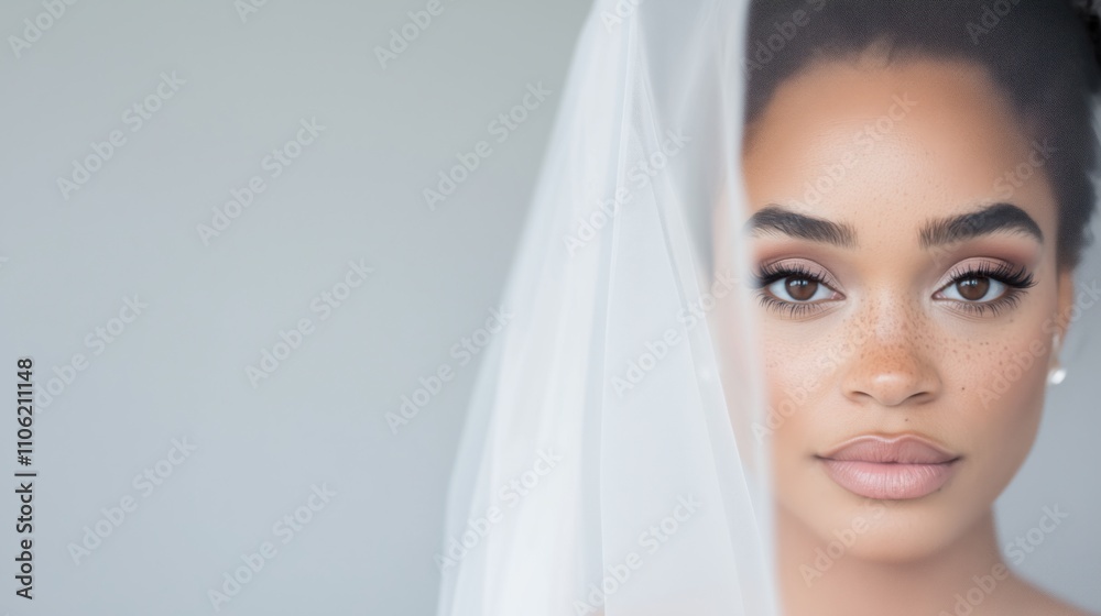Elegant portrait of a young bride with soft makeup and veil on a neutral background Elegant portrait of a young bride with soft makeup and veil on a neutral background