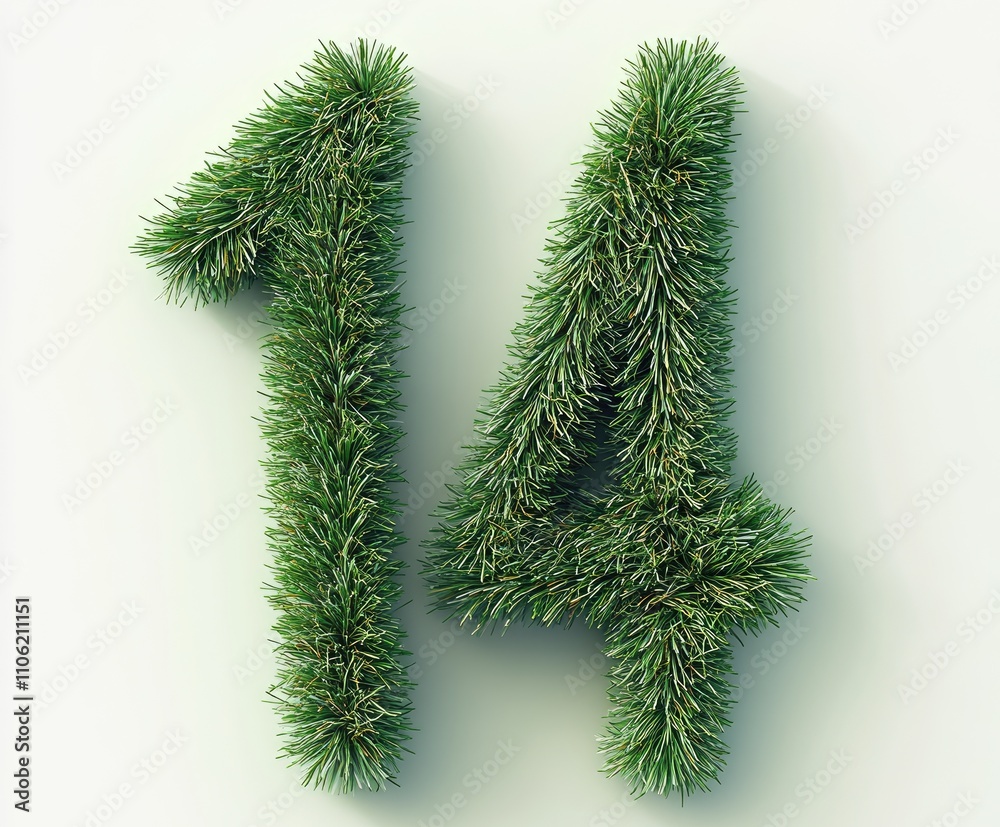 Number 14 made of beautiful green color coniferous branches. Number 14 made of beautiful green color coniferous branches.