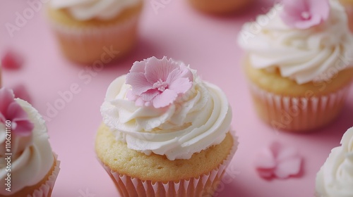 Sweet cupcakes decorated with cream and edible flowers on a pink background