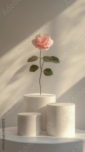 Elegant pink roses displayed on pastel pedestals under soft light in a minima...