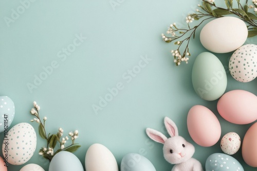 Pastel colored eggs and bunny decorations arranged on a blue background for E...