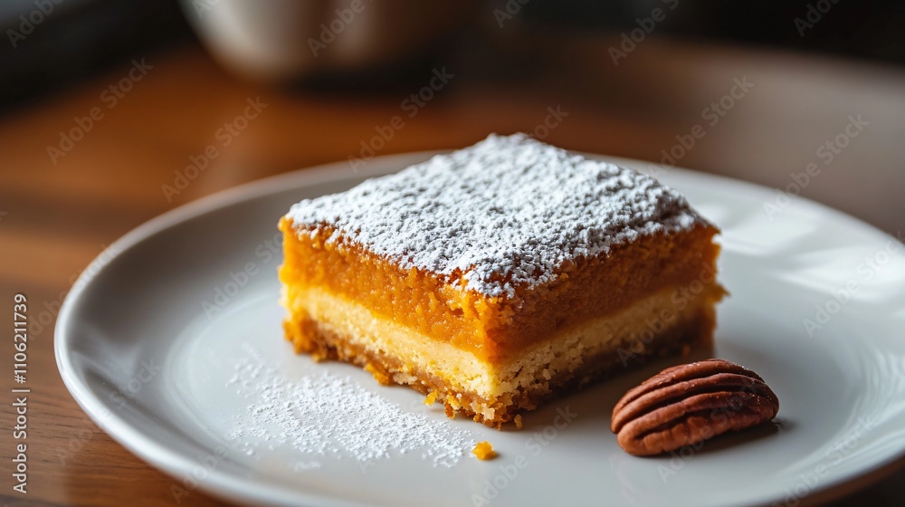 Minimalist presentation of a pumpkin roll slice on a white plate, with powdered sugar and a single pecan as accents Minimalist presentation of a pumpkin roll slice on a white plate, with powdered sugar and a single pecan as accents