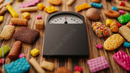 Response health warning concept. A scale surrounded by colorful sweets and snacks on a wooden surface.