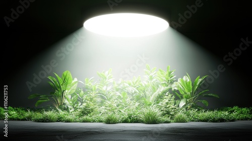 Lush Green Plants Illuminated by a Bright Circular Light in a Dark Environment, Creating a Serene and Ethereal Atmosphere Ideal for Nature Themes