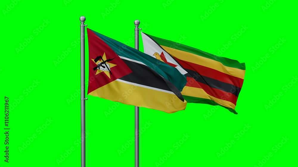 Zimbabwe and Mozambique flags flying together, video concept of the relationship with colored chroma key for easy background remove, two country cooperation concept Zimbabwe and Mozambique flags flying together, video concept of the relationship with colored chroma key for easy background remove, two country cooperation concept