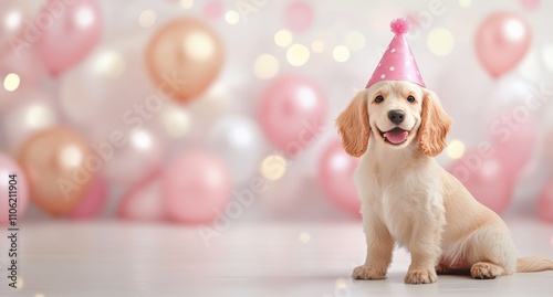 Cute puppy wearing a party hat surrounded by colorful balloons at a celebration