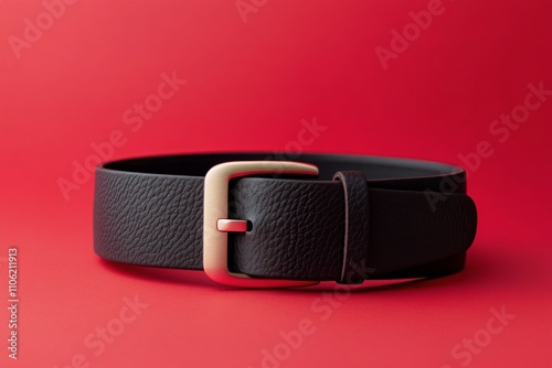 Stylish black leather belt against a bold red background showcasing modern fa...