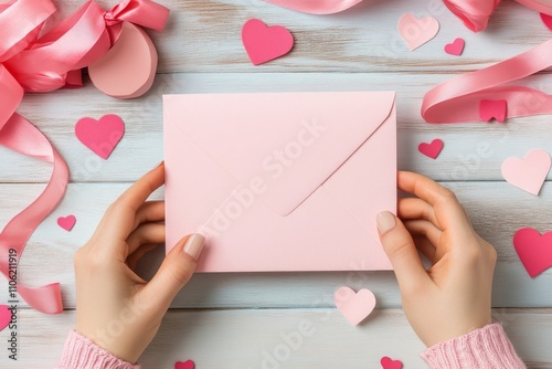 Hands holding a pink envelope amidst heart decorations on a wooden surface
