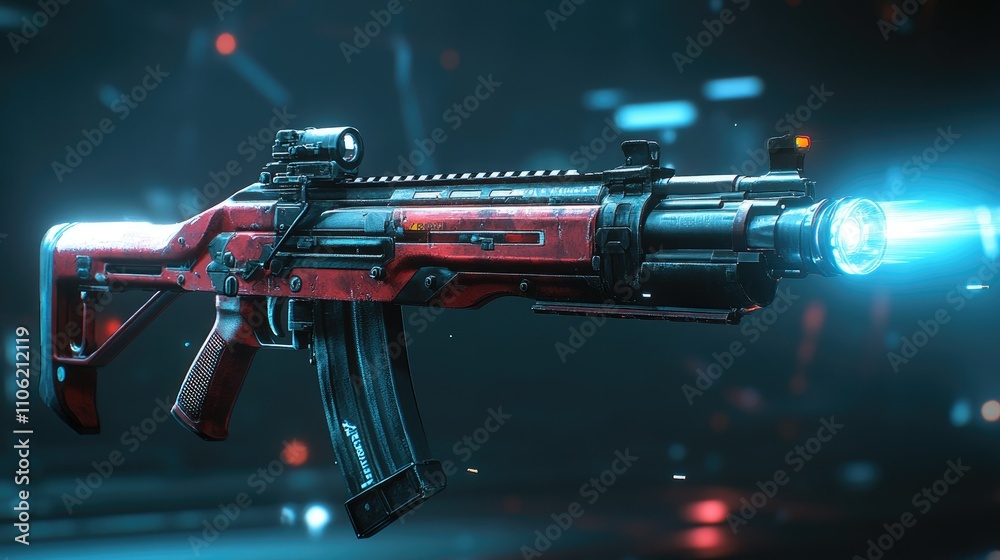 Futuristic red assault rifle with glowing blue light Futuristic red assault rifle with glowing blue light