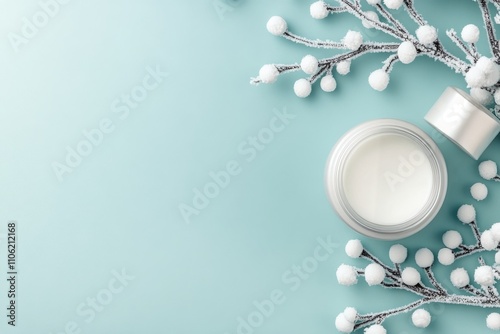 Winter skincare arrangement with cream and decorative branches on blue backgr...