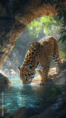 Jaguar drinks water in a lush cave environment during daylight hours