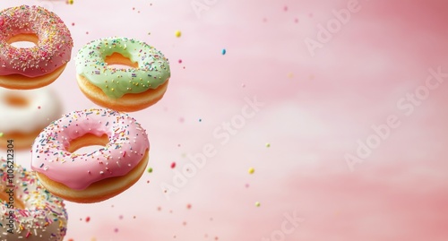 Colorful donuts with sprinkles floating against a pink background