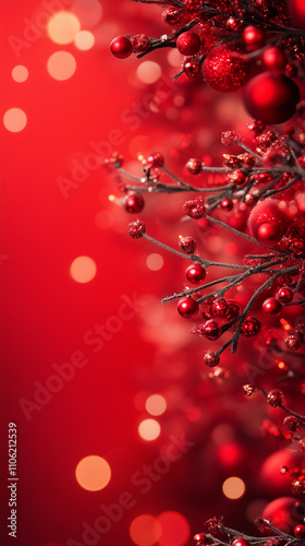 Red Christmas background with shiny red berries and glittery branches, bokeh lights on the side, space for text. Mobile phone wallpaper.