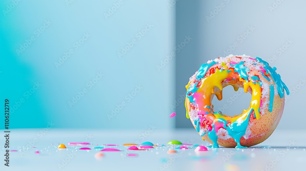 Response health warning concept. Colorful donut with vibrant icing and sprinkles on a light blue background. Response health warning concept. Colorful donut with vibrant icing and sprinkles on a light blue background.
