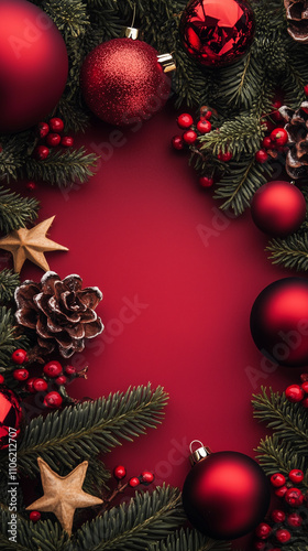 Christmas background with red ornaments and pine branches, empty space in the center for text, red color scheme.