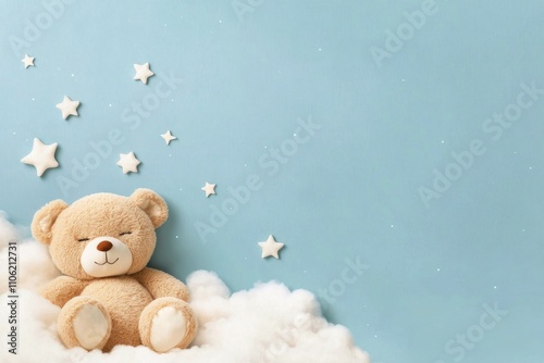 Cute bear sitting on soft clouds with starry background during calm night