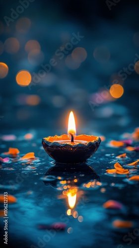 Diyas illuminate a serene setting during a festival celebration at twilight