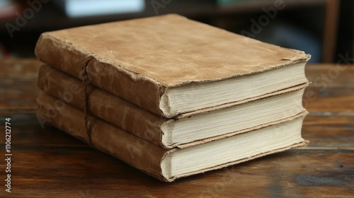 Stacked vintage books on a wooden table in a cozy setting