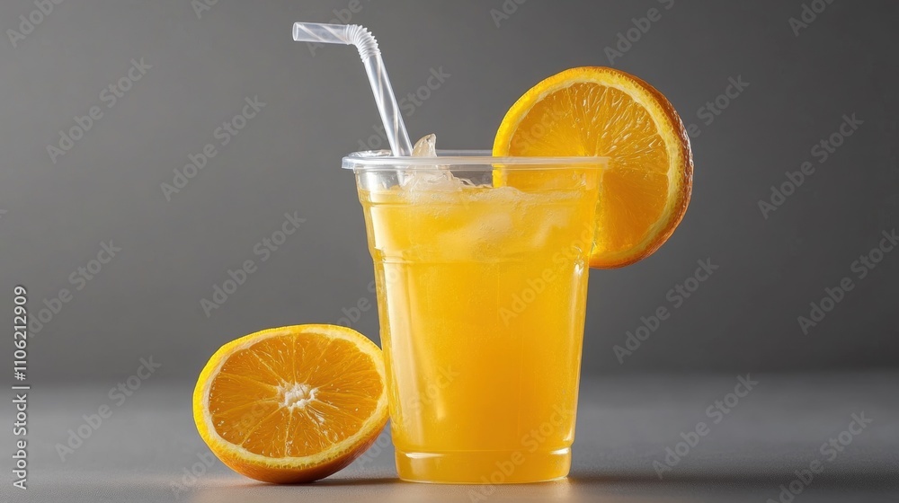 Refreshing orange juice in a plastic cup with ice and orange slices. Refreshing orange juice in a plastic cup with ice and orange slices.