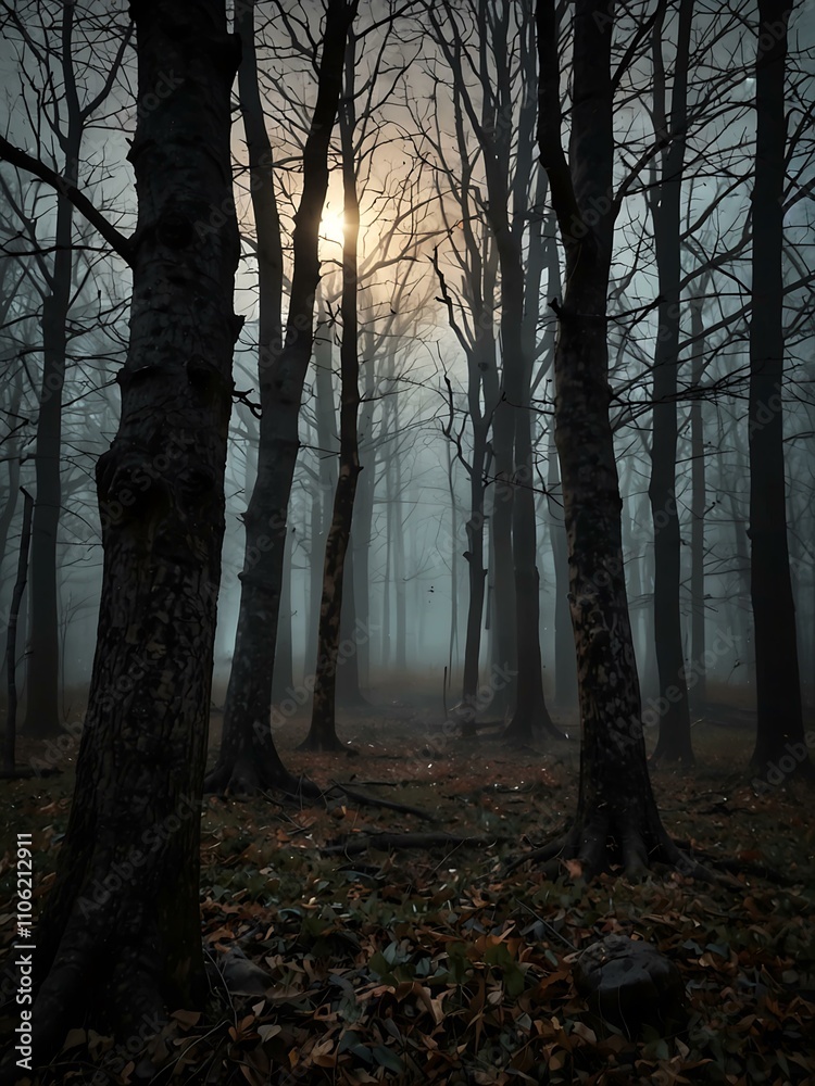 Fototapeta premium Halloween scene with a spooky forest and bare trees.