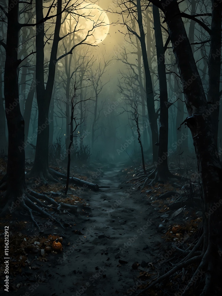 Fototapeta premium Halloween scene with a spooky forest and bare trees.