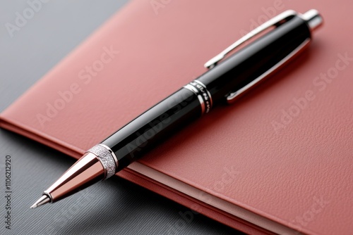 Luxurious black pen resting on a red notebook on a smooth desk surface